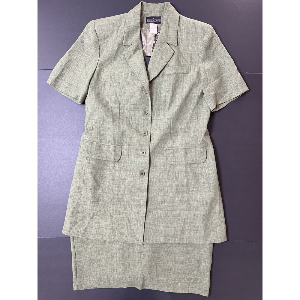 Vintage Herman Geist Skirt Suit 2pc Womens 10 Green Short Sleeve Business Preppy